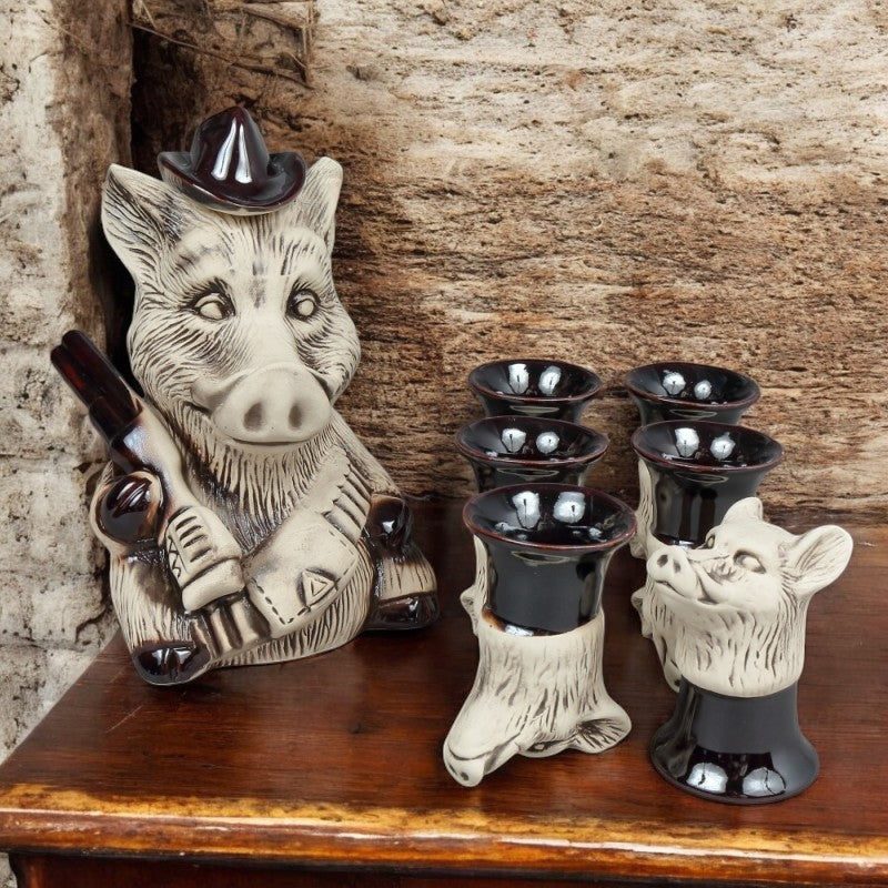 Set Ceramica pentru servirea bauturilor, Model Mistret, Sticla 1 l cu 4 Pahare 50 ml