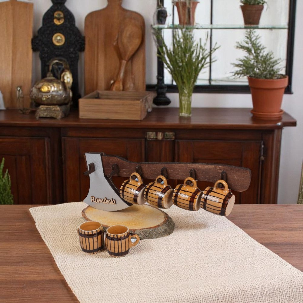 Set 6 cescute cu suport din lemn Topor, Maro cu Negru, 38 cm