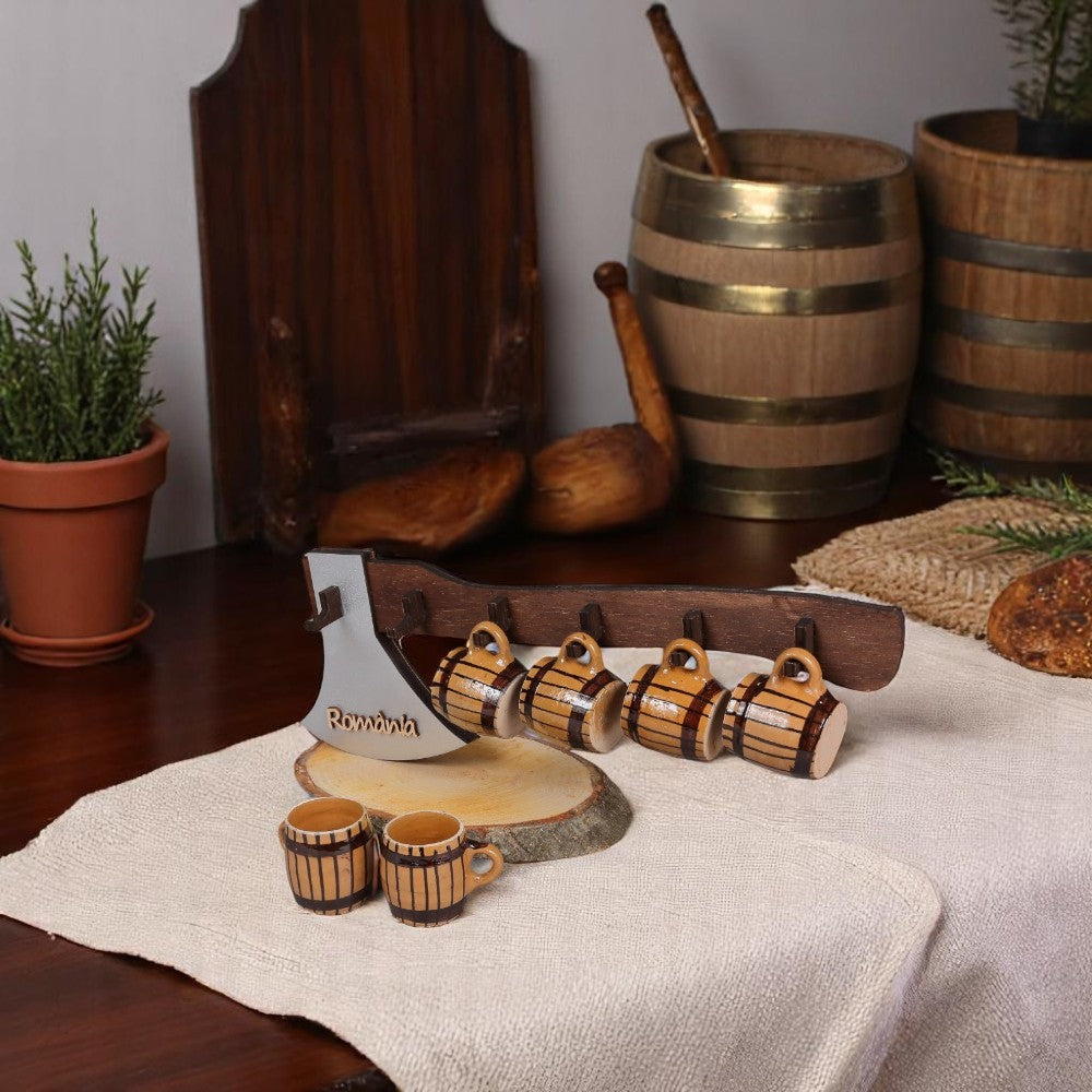 Set 6 cescute cu suport din lemn Topor, Maro cu Negru, 38 cm