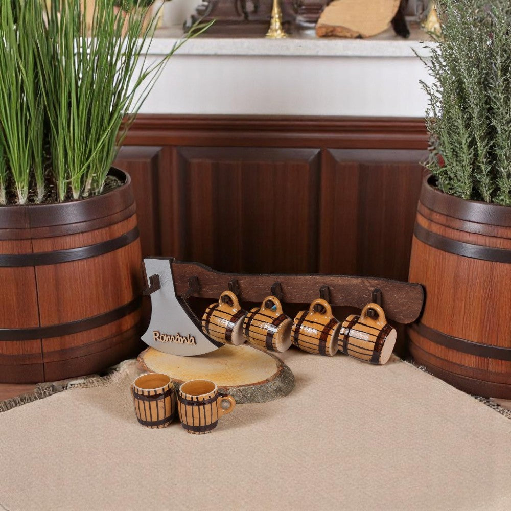 Set 6 cescute cu suport din lemn Topor, Maro cu Negru, 38 cm