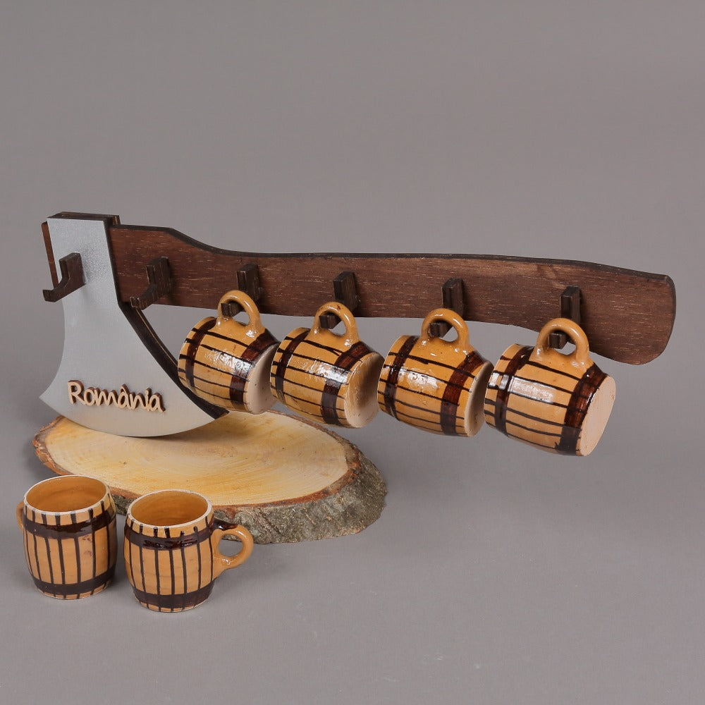 Set 6 cescute cu suport din lemn Topor, Maro cu Negru, 38 cm