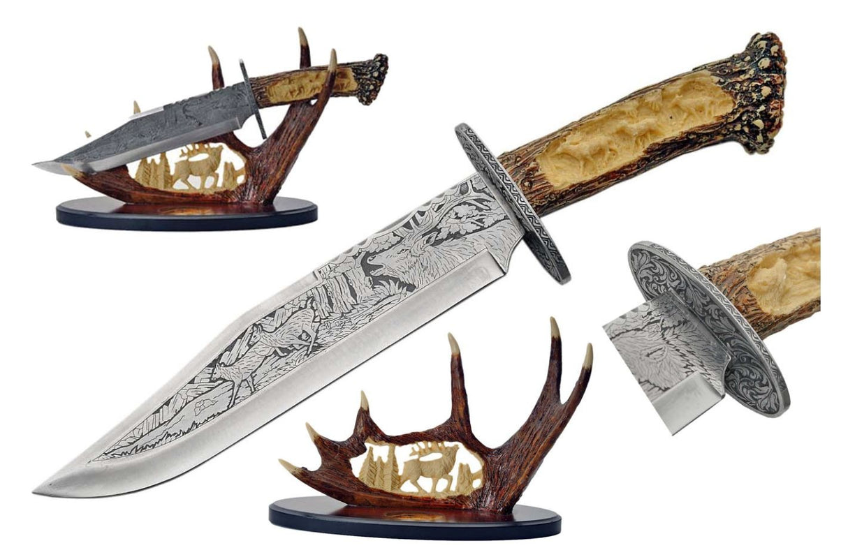 Cutit Vanatoare 22 cm cu suport sculptat 3D, Lama Gravata