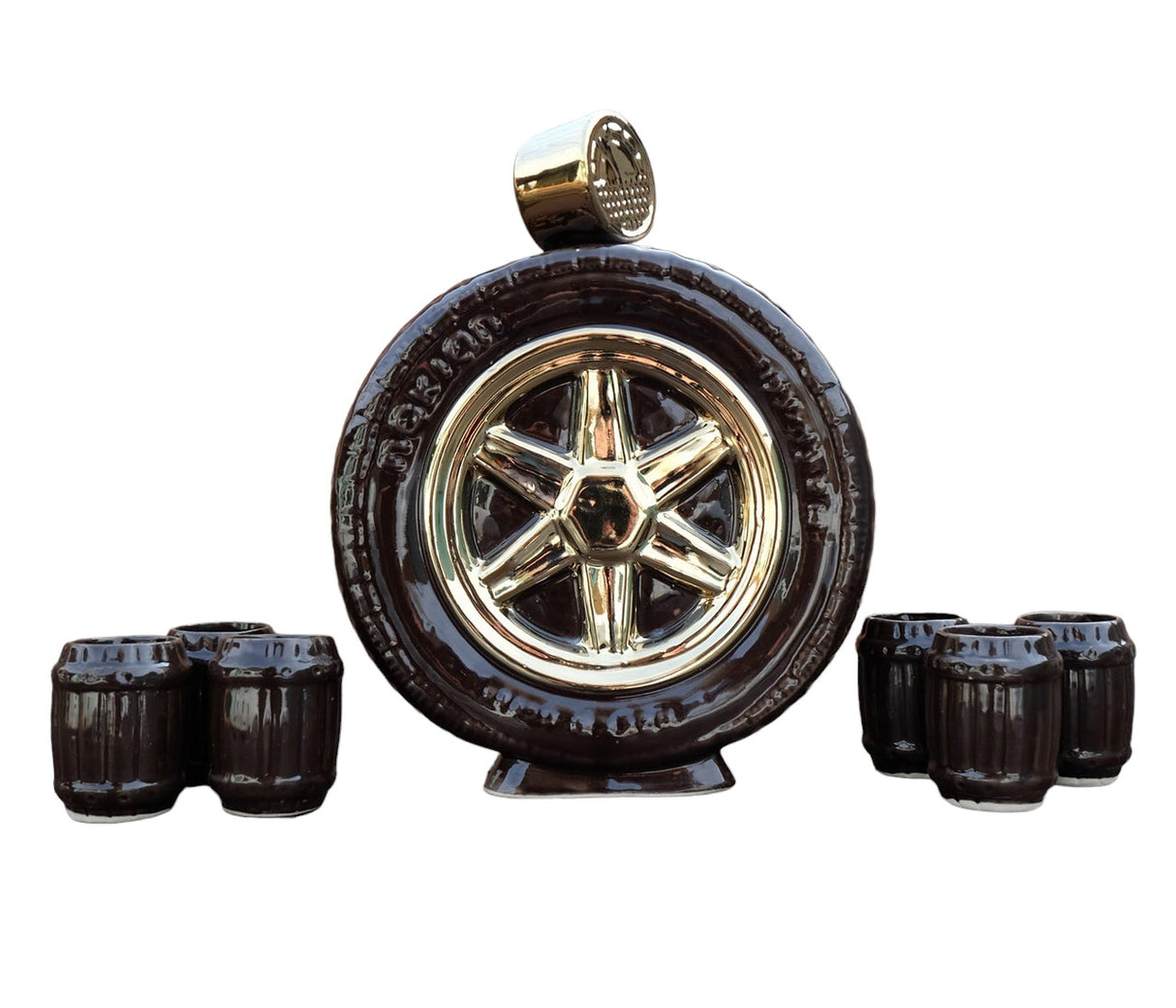 Set pentru Tuica, Sticla 1000 ml cu 6 pahare 70 ml, Model Roata, Ceramica