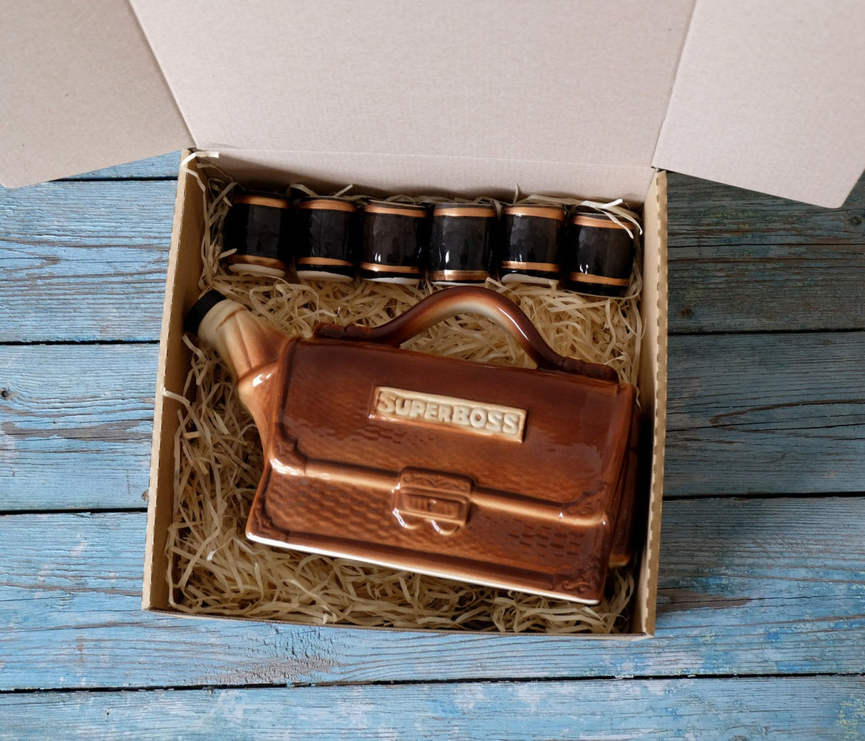 Set servire băutura ceramică,Geanta Superboss 1.5L cu 6 pahare 100 ml