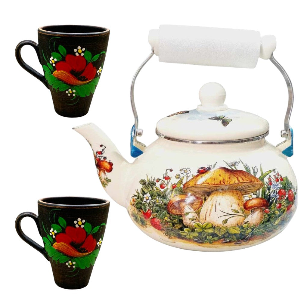 Set Ceainic Emailat 2.5 l + 2 Cani Angob Lut Rosu 250 ml