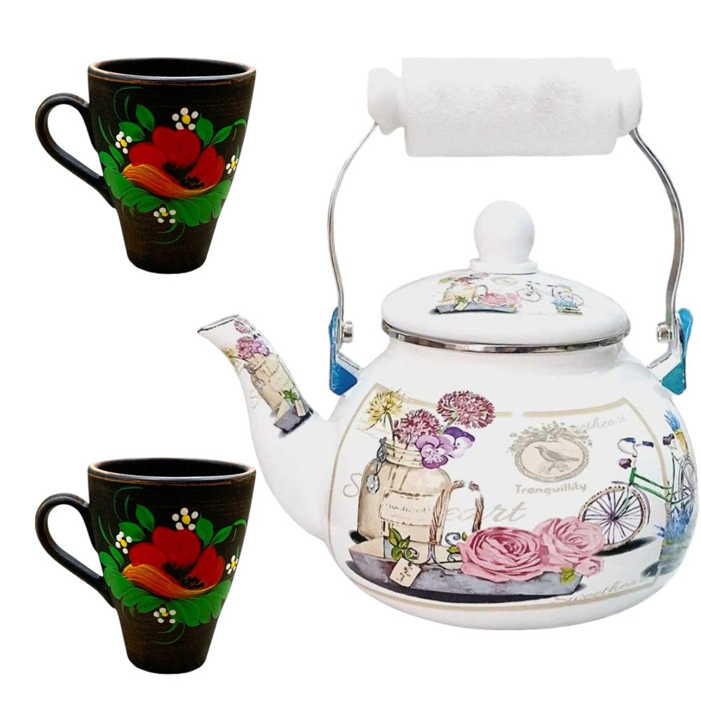 Set Ceainic Emailat 2.5 l + 2 Cani Angob Lut Rosu 250 ml