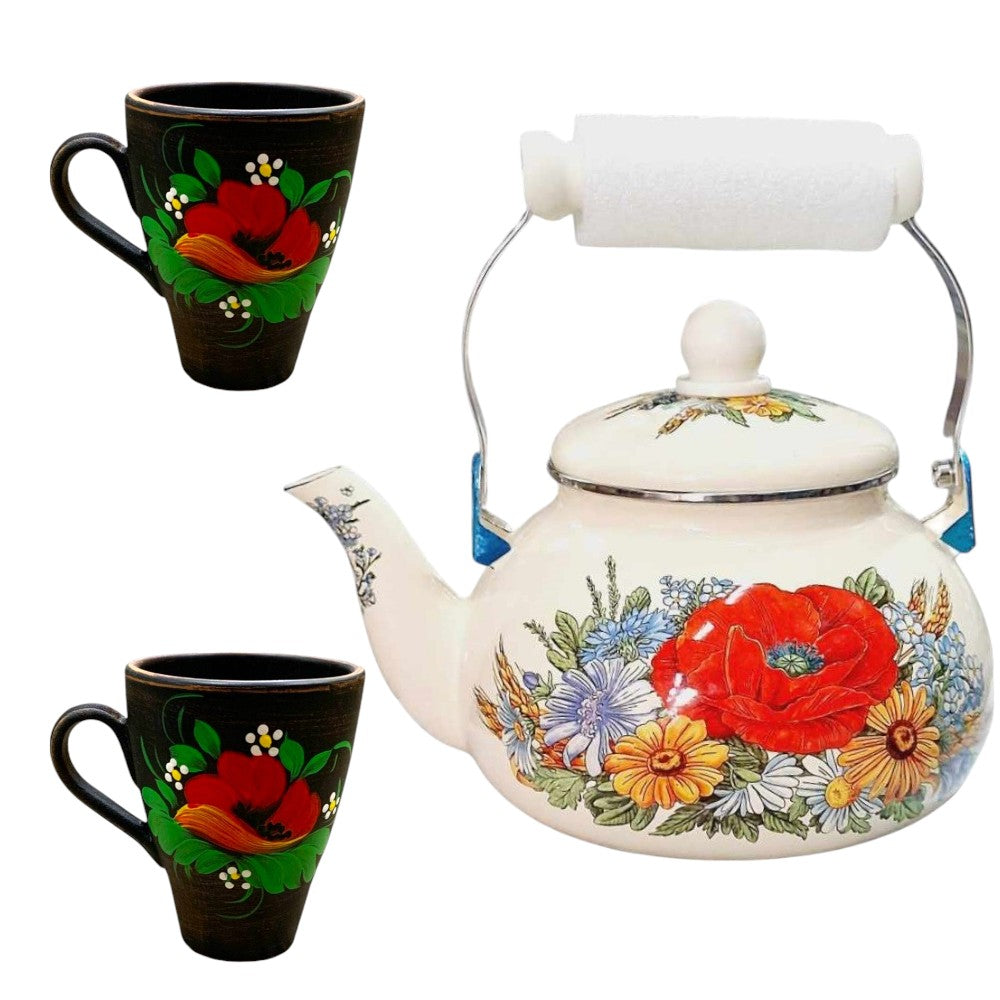 Set Ceainic Emailat 2.5 l + 2 Cani Angob Lut Rosu 250 ml