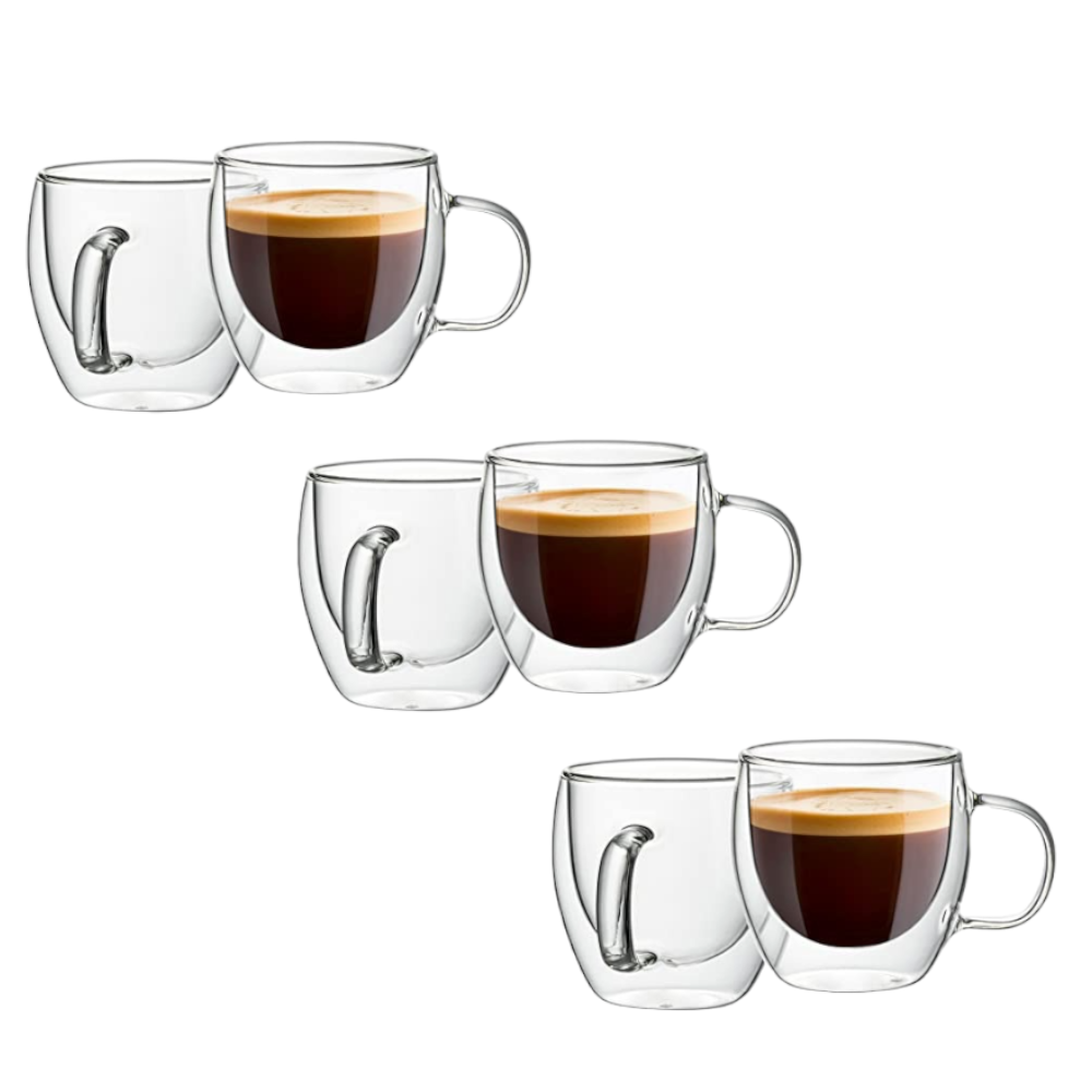 Set 6 Cani cu Pereti Dubli, Cafea Espresso, Sticla Termorezistenta, 80 ml