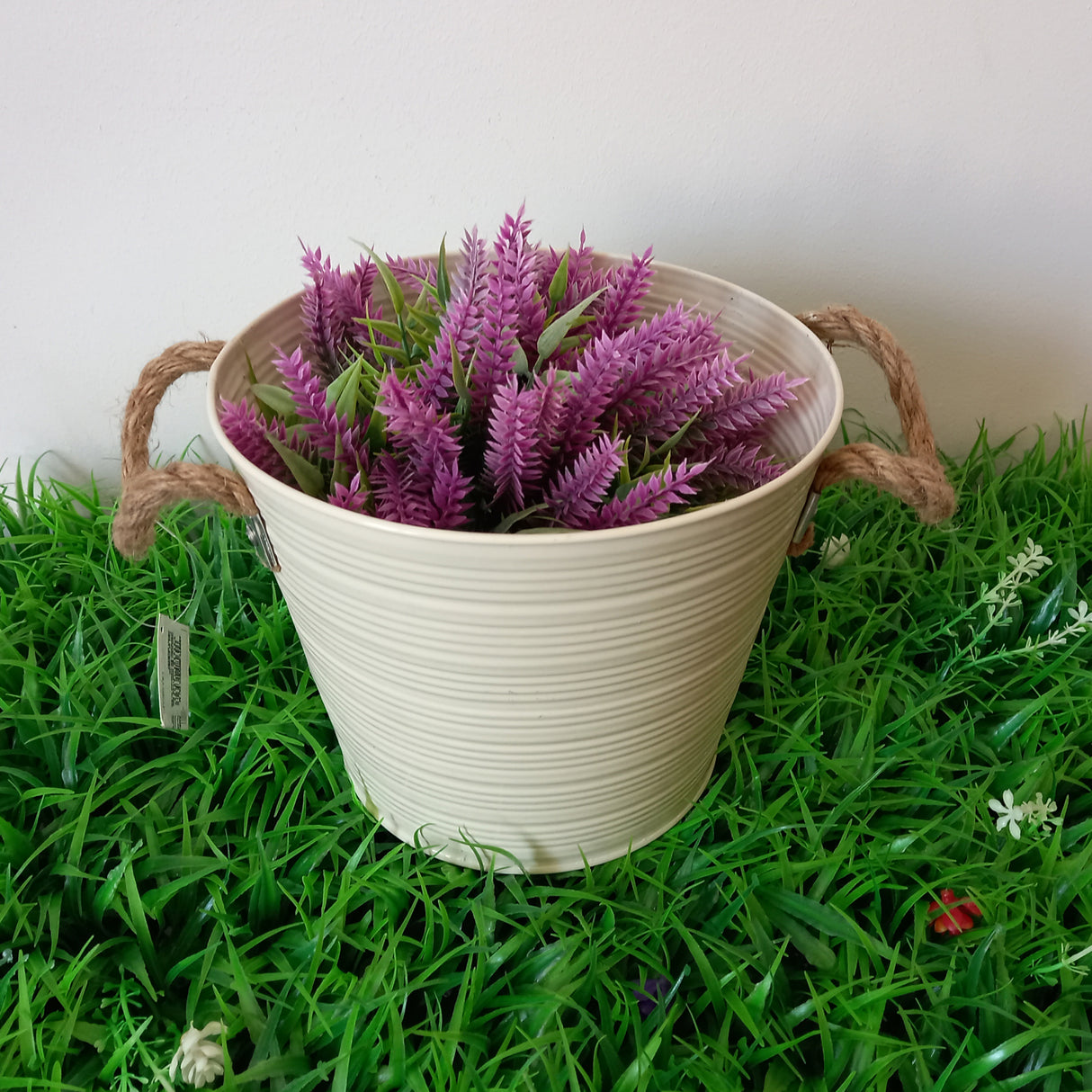 Ghiveci decor din Metal cu manere din Sfoara, Crem, 20x16 cm