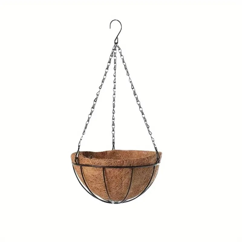 Ghiveci suspendat decorativ cu lant, rotund, Otel, Fibra Cocos