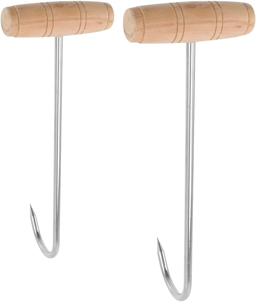 Carlig inox de mana pentru carne cu maner din Lemn, 19 cm