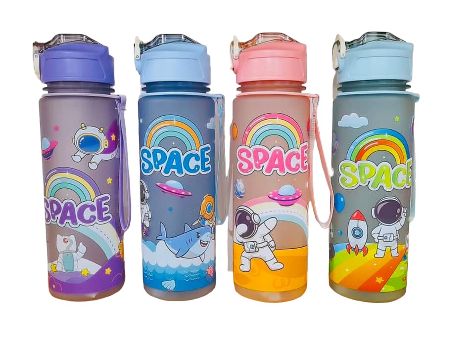 Sticla de apa cu pai pentru copii, Model spatiu, 700 ml