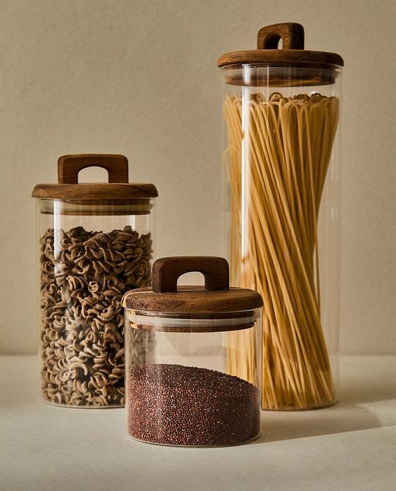 Recipient Depozitare Alimente cu Capac, Etans, Sticla si Lemn, dimensiuni individuale