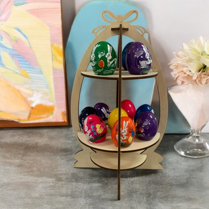 Set Suport Etajat Natur din Lemn 30 cm si 12 oua de Paste Multicolore 7 cm