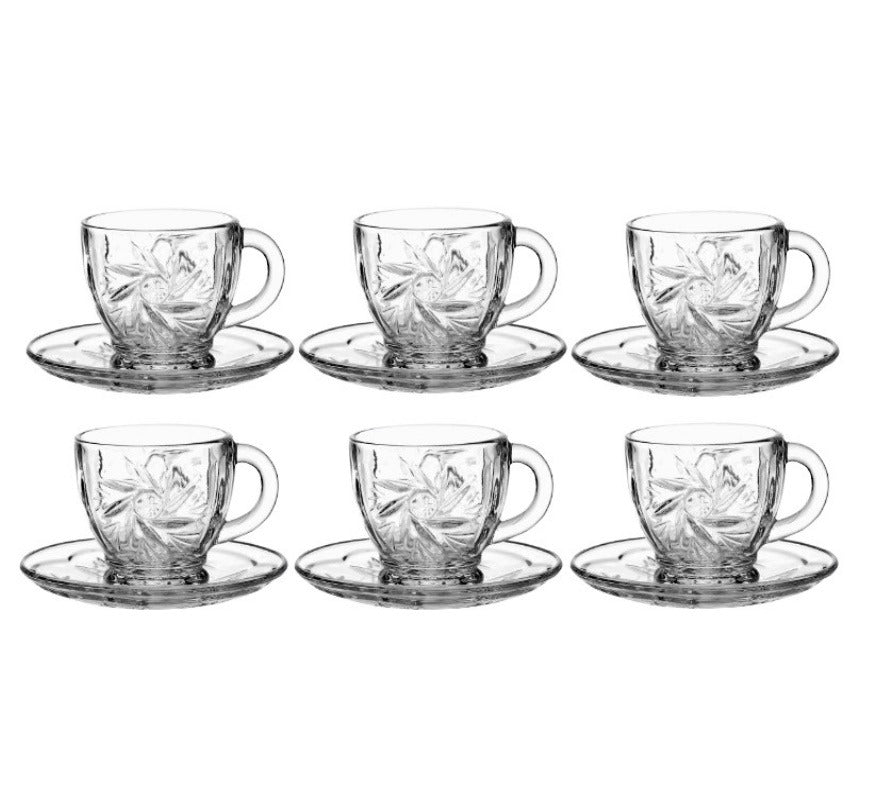 Set 6 Cesti Cafea din Sticla Transparente si Farfurii, Model