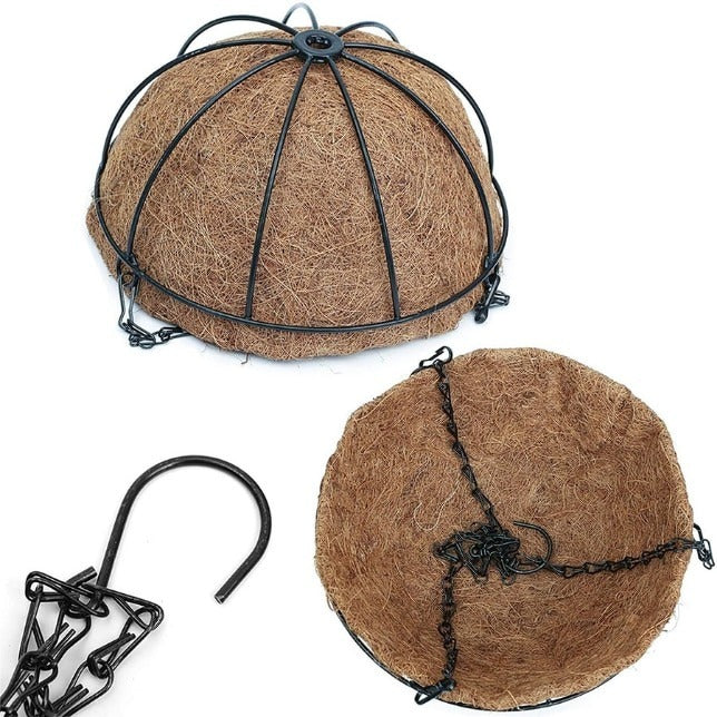 Ghiveci suspendat decorativ cu lant, rotund, Otel, Fibra Cocos