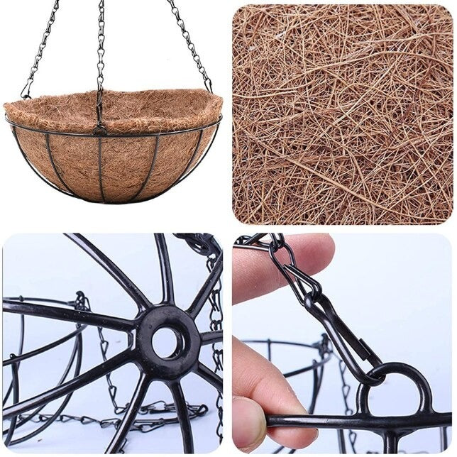 Ghiveci suspendat decorativ cu lant, rotund, Otel, Fibra Cocos