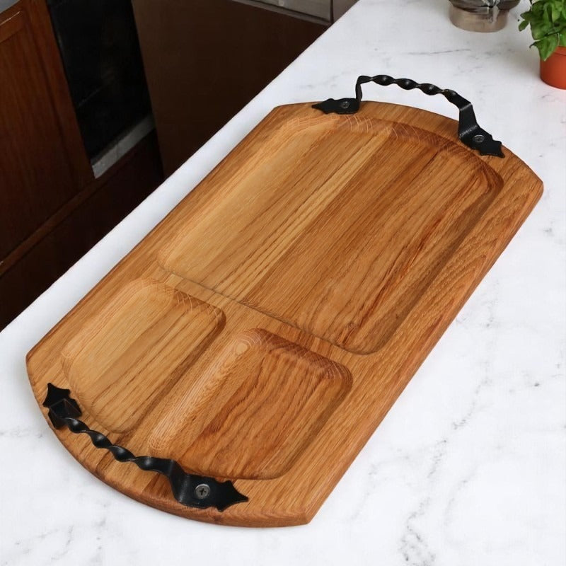 Tava Lemn compartimentata cu maner din Fier forjat ,39x25 cm