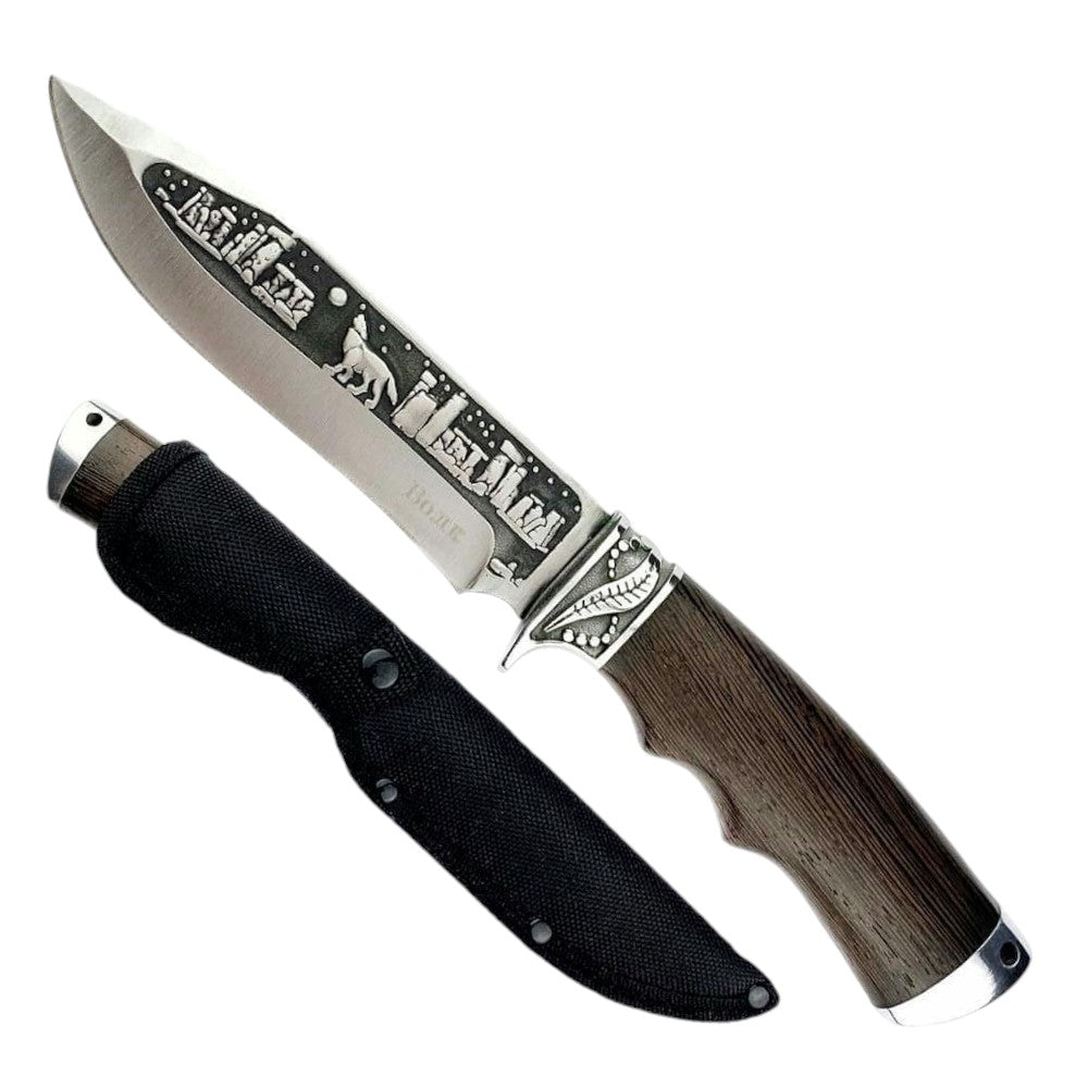 Cutit de vanatoare, Otel Inoxidabil/Lemn , 29.5 cm,180g,Maro inchis