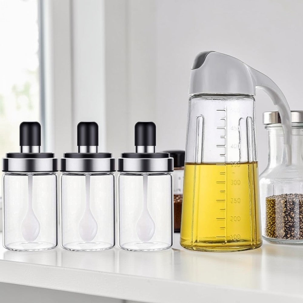 Set Oliviera 600 ml si 3 recipiente condimente cu lingurite 200 ml, sticla + plastic