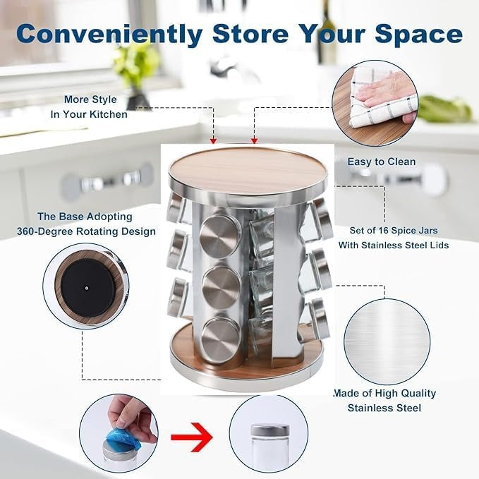 Set suport condimente rotativ si 12 recipiente, Gri/Maro , 23x19.5 cm