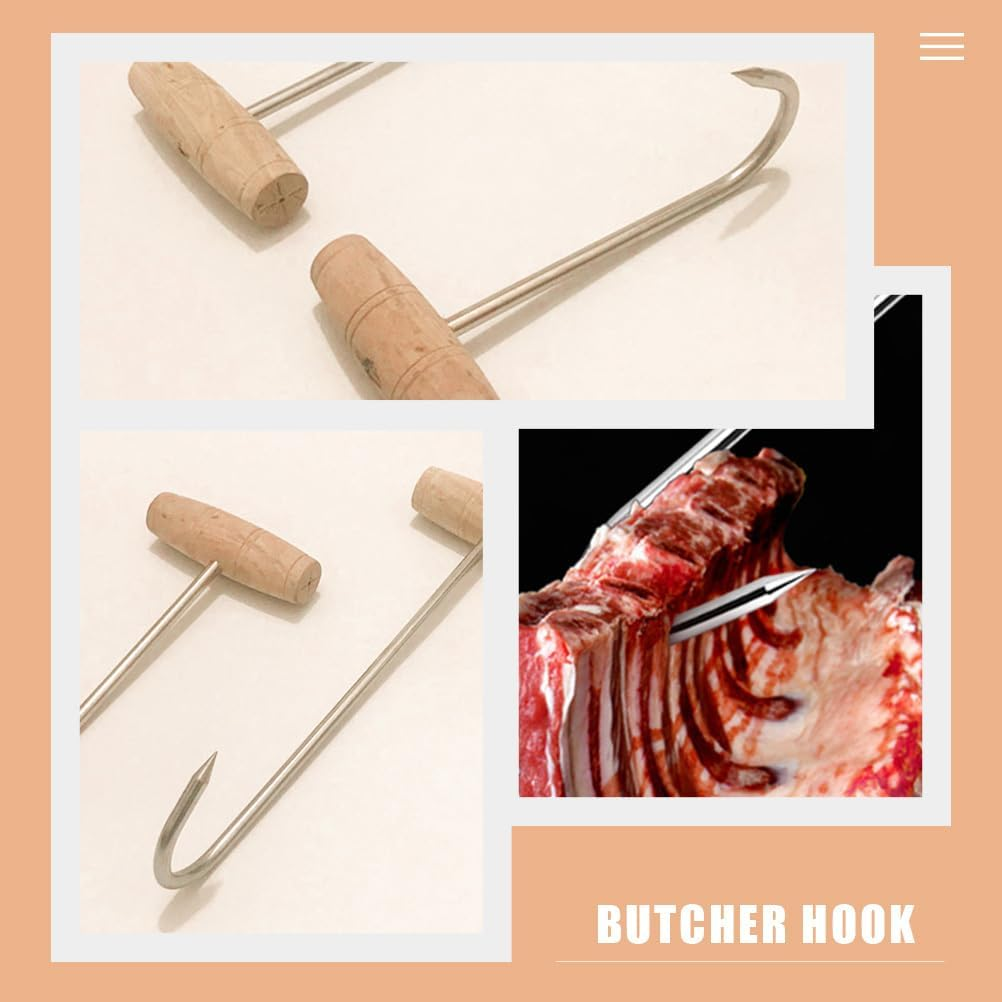 Carlig inox de mana pentru carne cu maner din Lemn, 19 cm