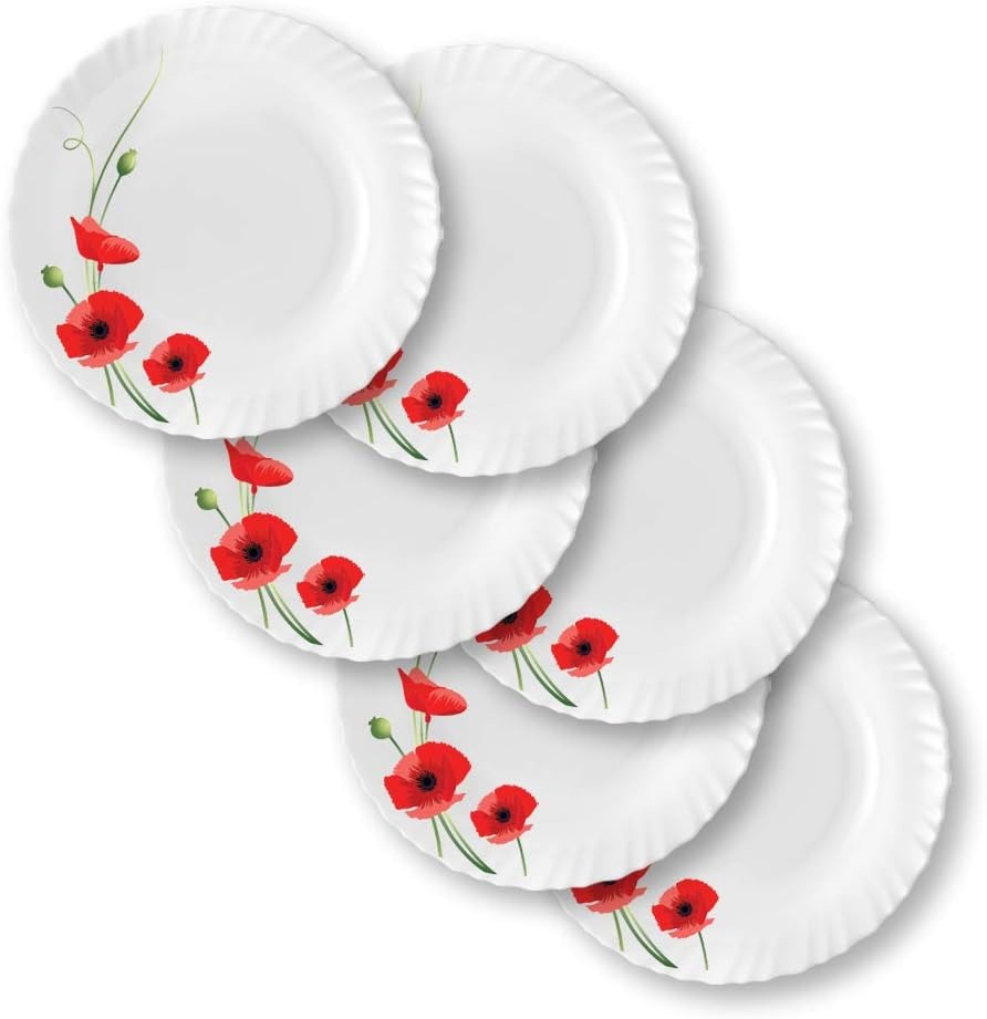 Set 6 Farfurii Desert din opal,intinsa,model Maci rosii, 19 cm