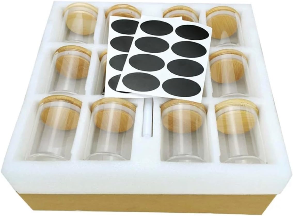 Set 12 Recipiente pentru Condimente, 180 ML, Sticla, cu Capac din Lemn, Etanse,Marker, 18 de Etichete, Transparent