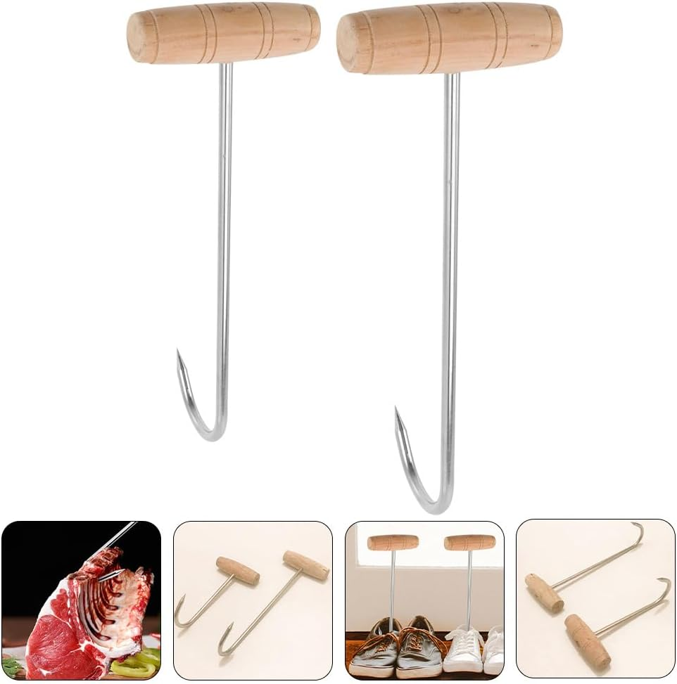 Carlig inox de mana pentru carne cu maner din Lemn, 19 cm