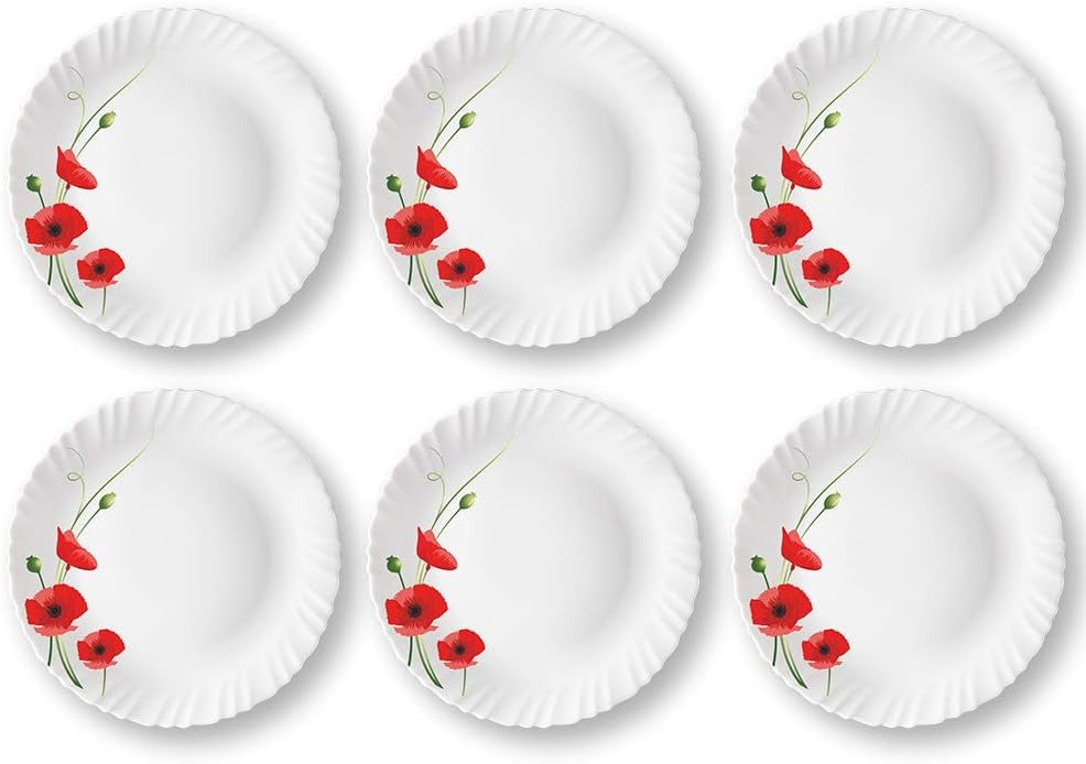 Set 6 Farfurii Desert din opal,intinsa,model Maci rosii, 19 cm
