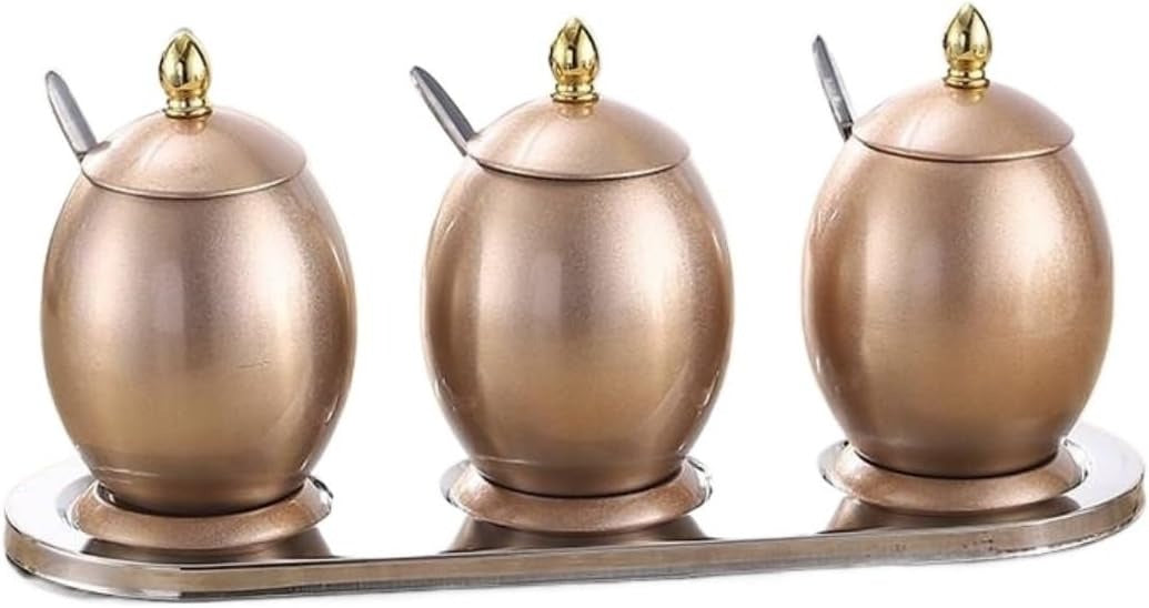 Set 3 recipiente condimente pe suport cu lingurite, Inox