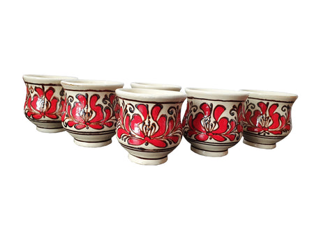 Set 6 Cani Traditionale din Ceramica, Pictate Manual, 8x8.5 cm, bucatarie, suvenir, tuica, visinata, bauturi alcoolice, cafea, ceai