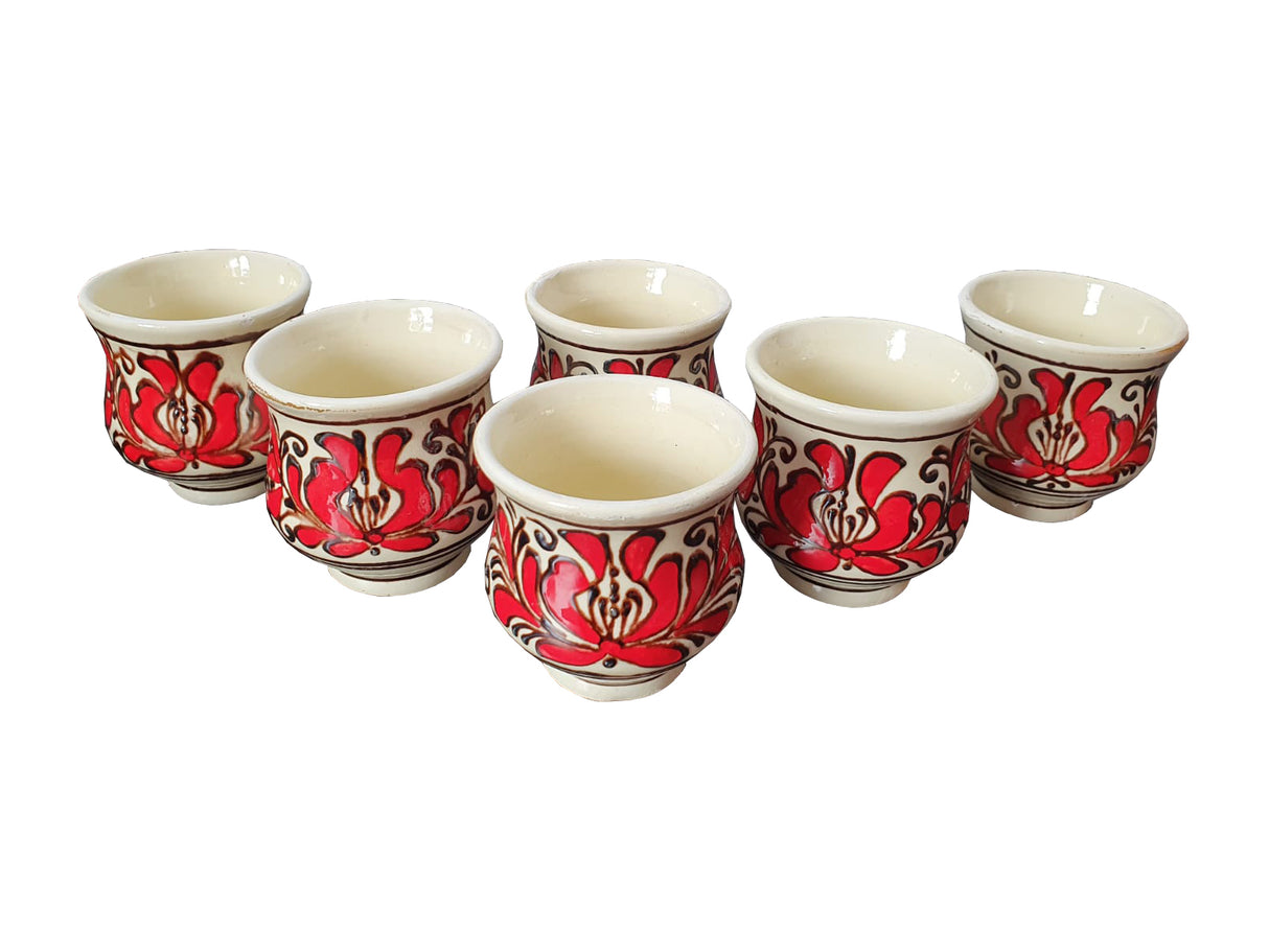 Set 6 Cani Traditionale din Ceramica, Pictate Manual, 8x8.5 cm, bucatarie, suvenir, tuica, visinata, bauturi alcoolice, cafea, ceai