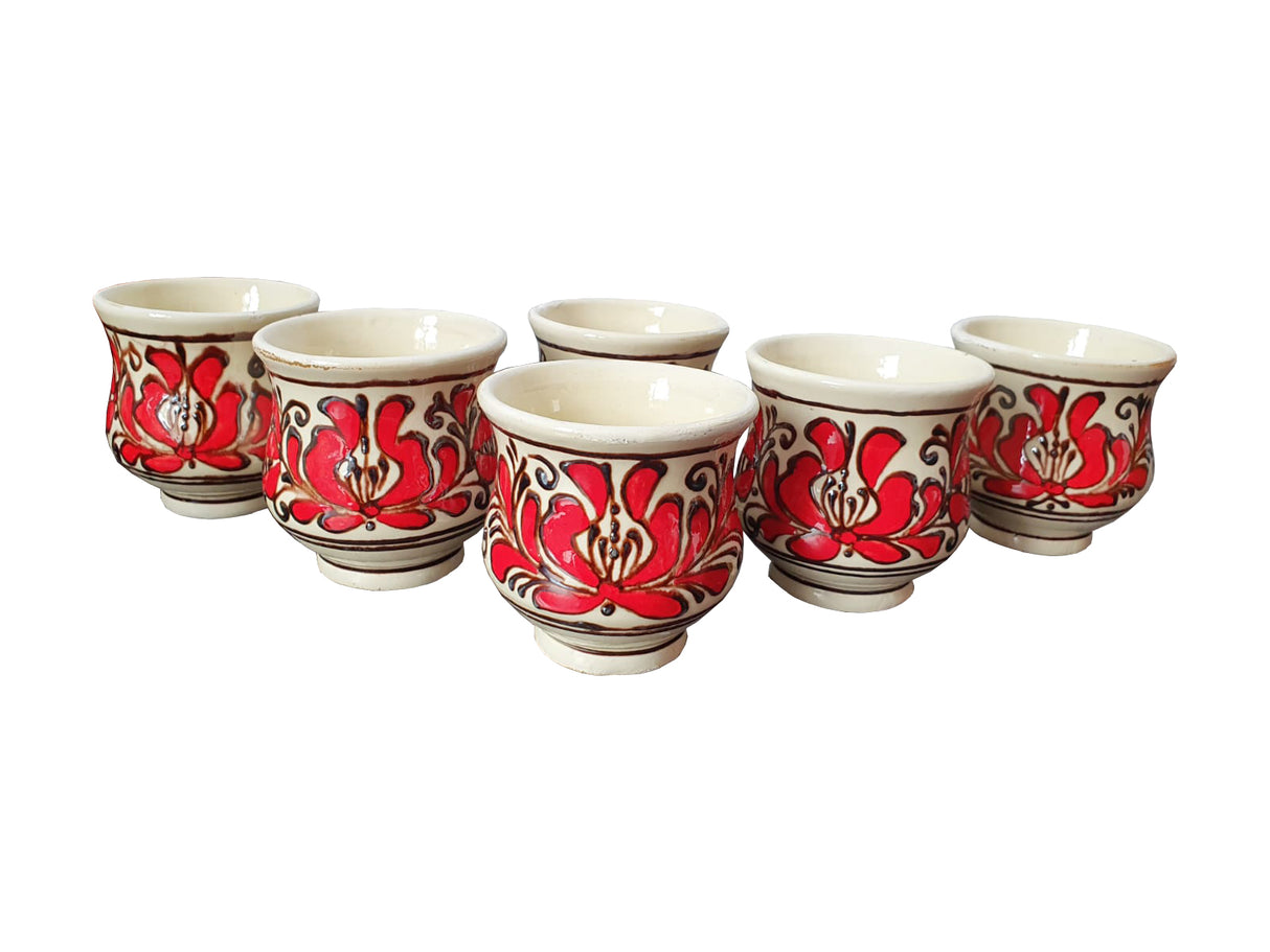 Set 6 Cani Traditionale din Ceramica, Pictate Manual, 8x8.5 cm, bucatarie, suvenir, tuica, visinata, bauturi alcoolice, cafea, ceai
