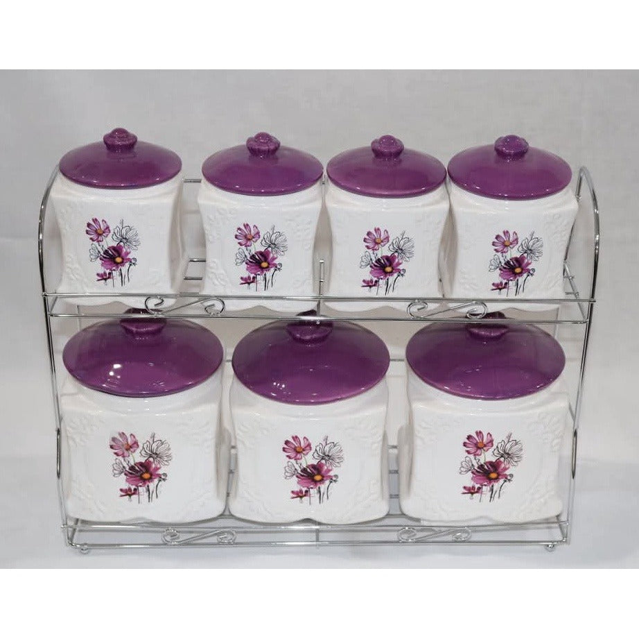 Set 7 Borcane Condimente Ceramica cu Capace Pe suport Metalic, Model Floral