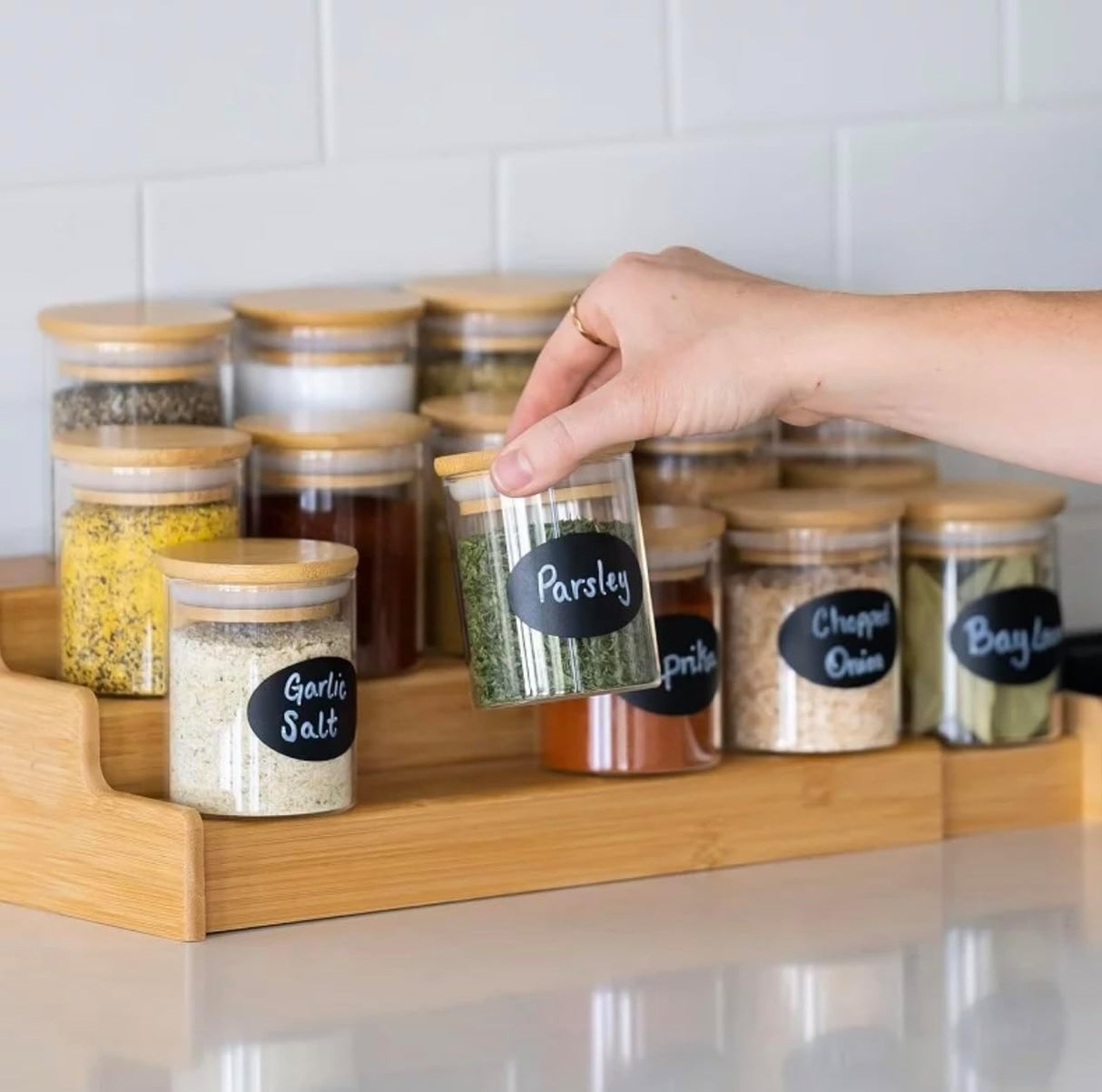Set 12 Recipiente pentru Condimente, 180 ML, Sticla, cu Capac din Lemn, Etanse,Marker, 18 de Etichete, Transparent