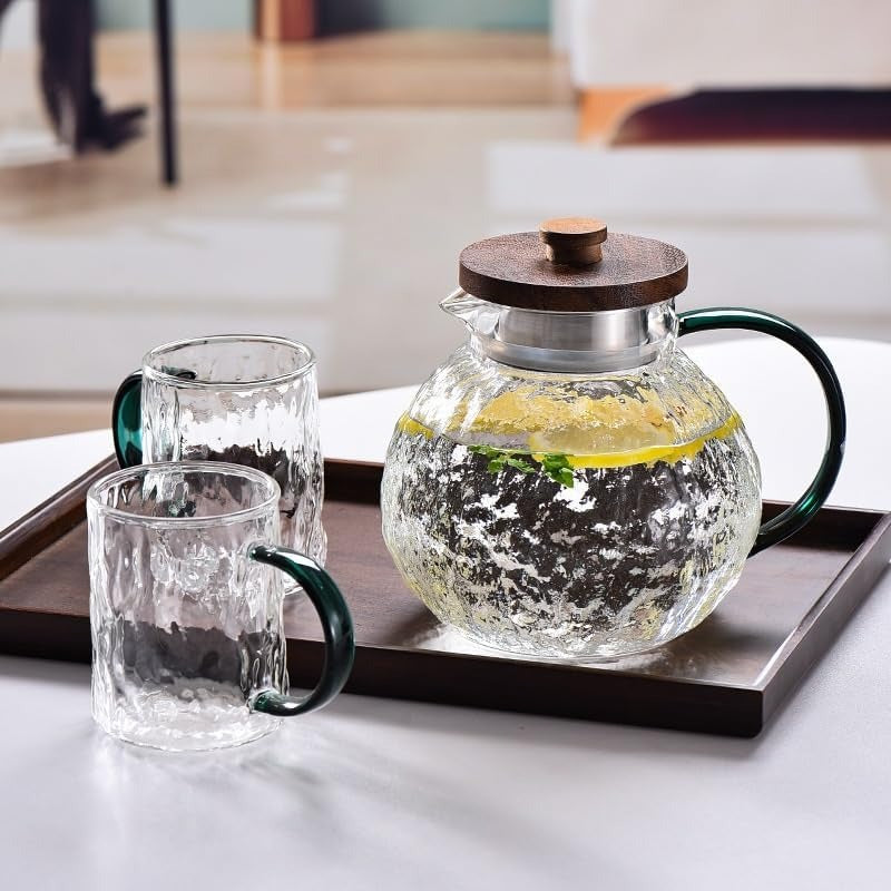 Set Ceainic cu Capac Lemn 1.4 litri si 2 Cani din Sticla Rezistenta 300 ml