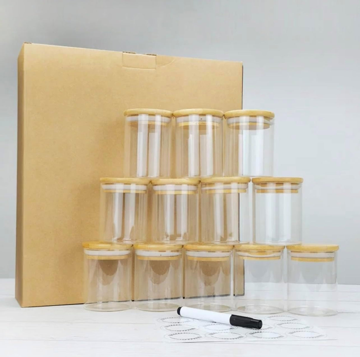 Set 12 Recipiente pentru Condimente, 180 ML, Sticla, cu Capac din Lemn, Etanse,Marker, 18 de Etichete, Transparent