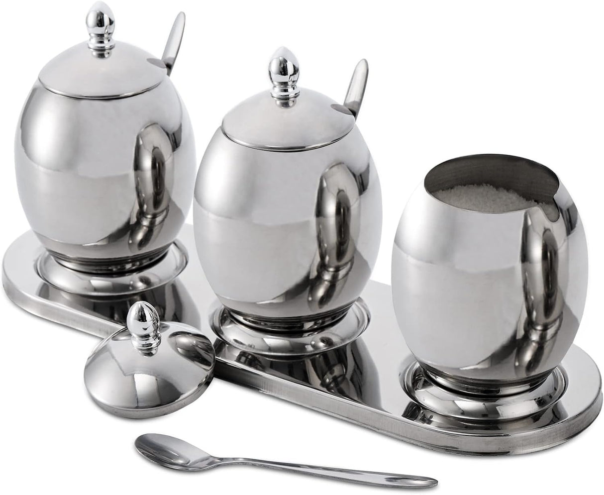 Set 3 recipiente condimente pe suport cu lingurite, Inox