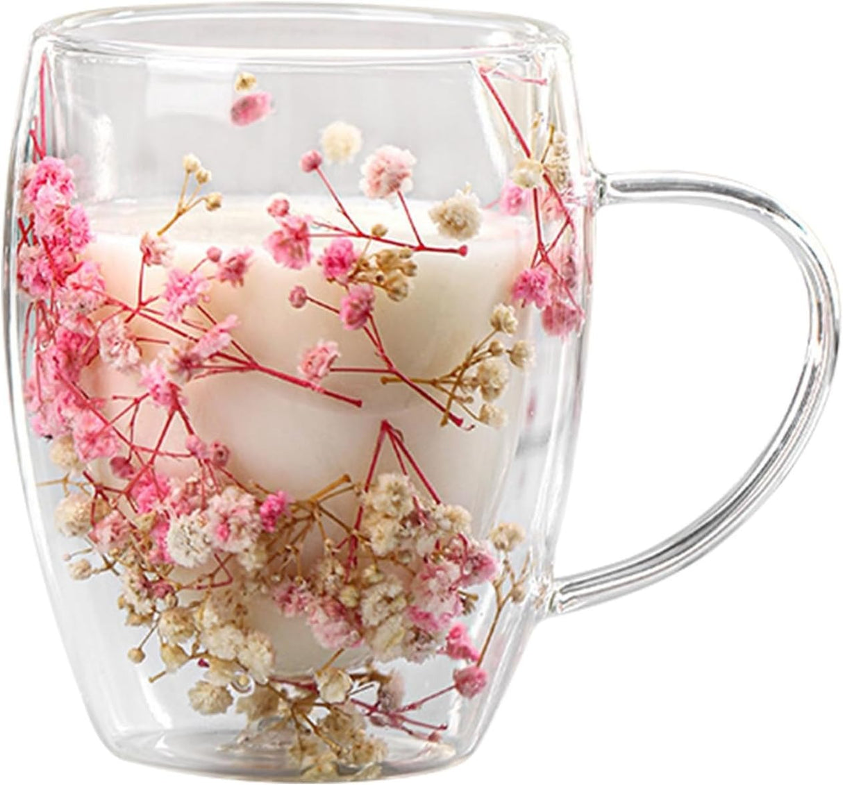 Set 2 Cani cu Pereti Dubli din sticla termorezistenta , Flori Multicolore 350 ml si 2 Lingurite Aurii