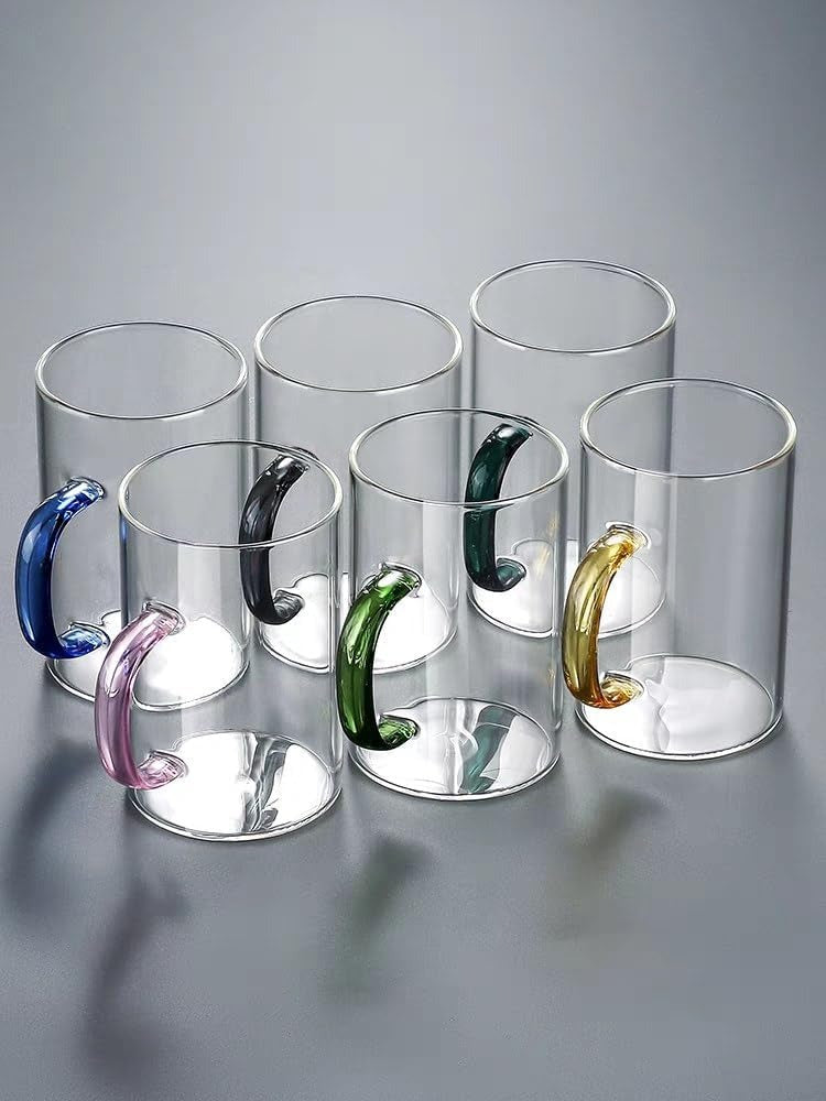 Set 6 cani din sticla brosilicata , maner color, 320 ml