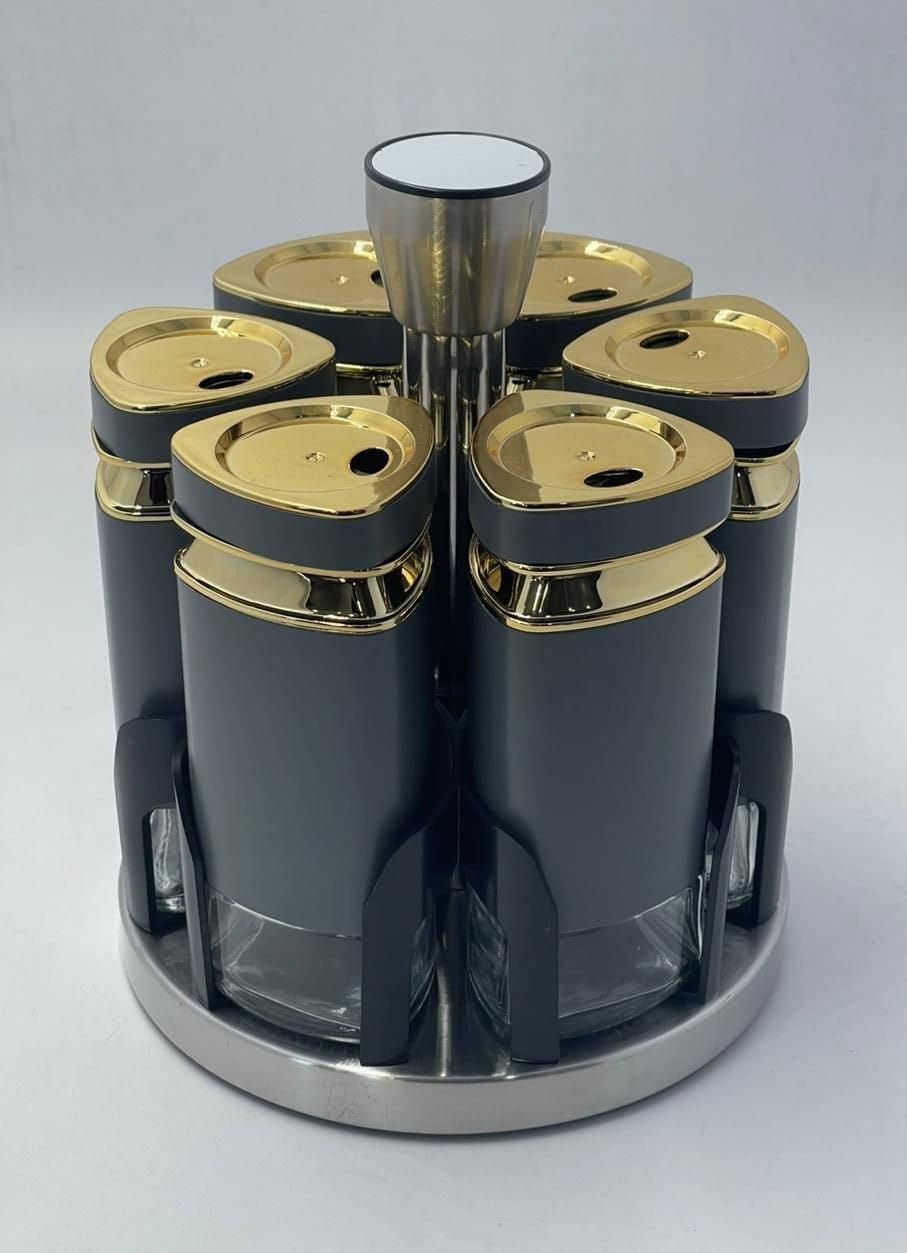 Set 6 recipiente condimente cu suport rotativ, inox si sticla, Negru - Auriu