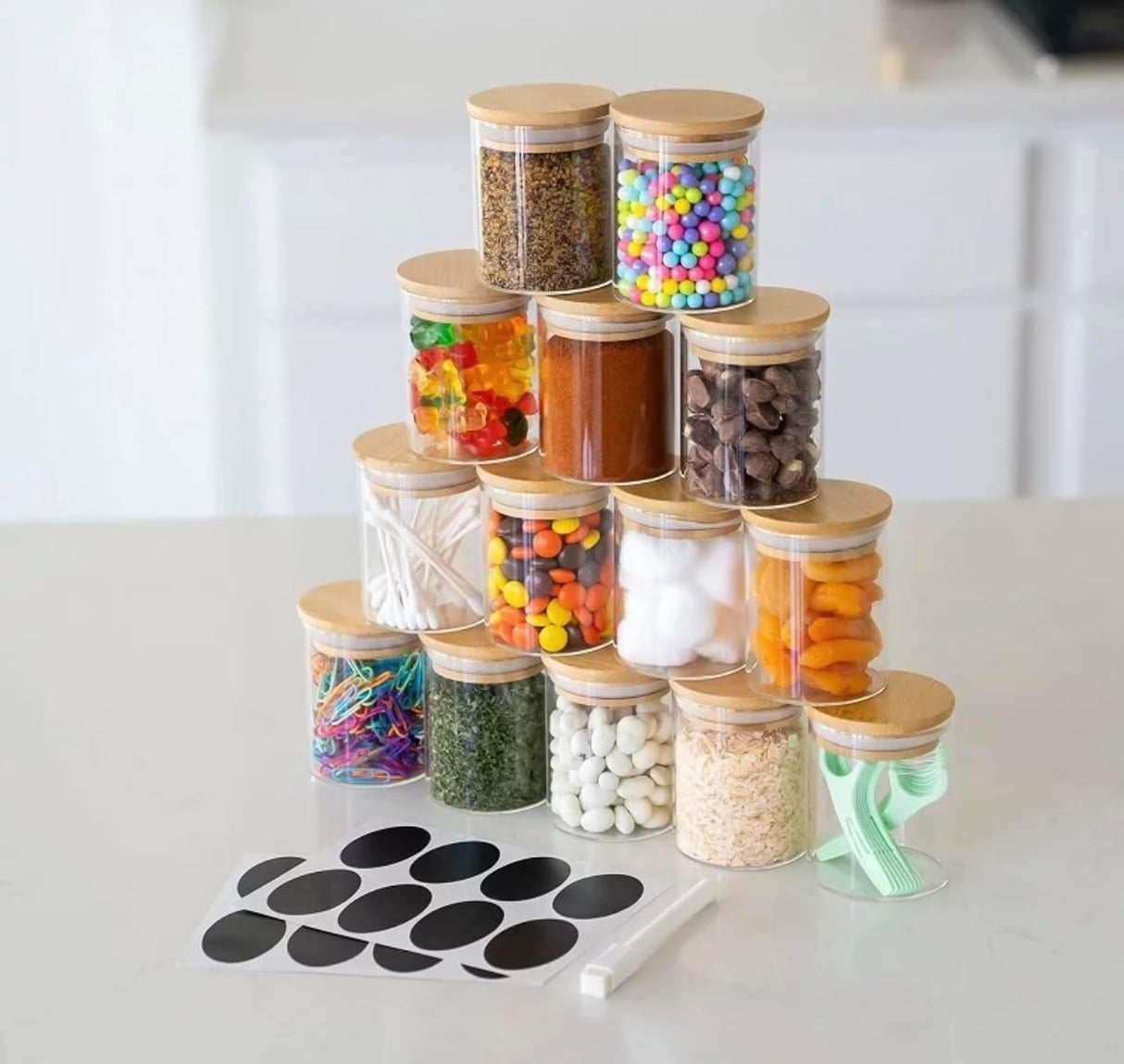 Set 12 Recipiente pentru Condimente, 180 ML, Sticla, cu Capac din Lemn, Etanse,Marker, 18 de Etichete, Transparent