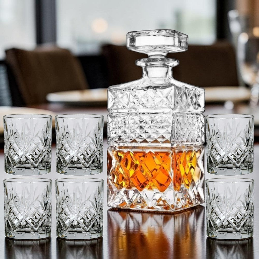 Set Decantor 1L + 6 pahare whiskey , sticla