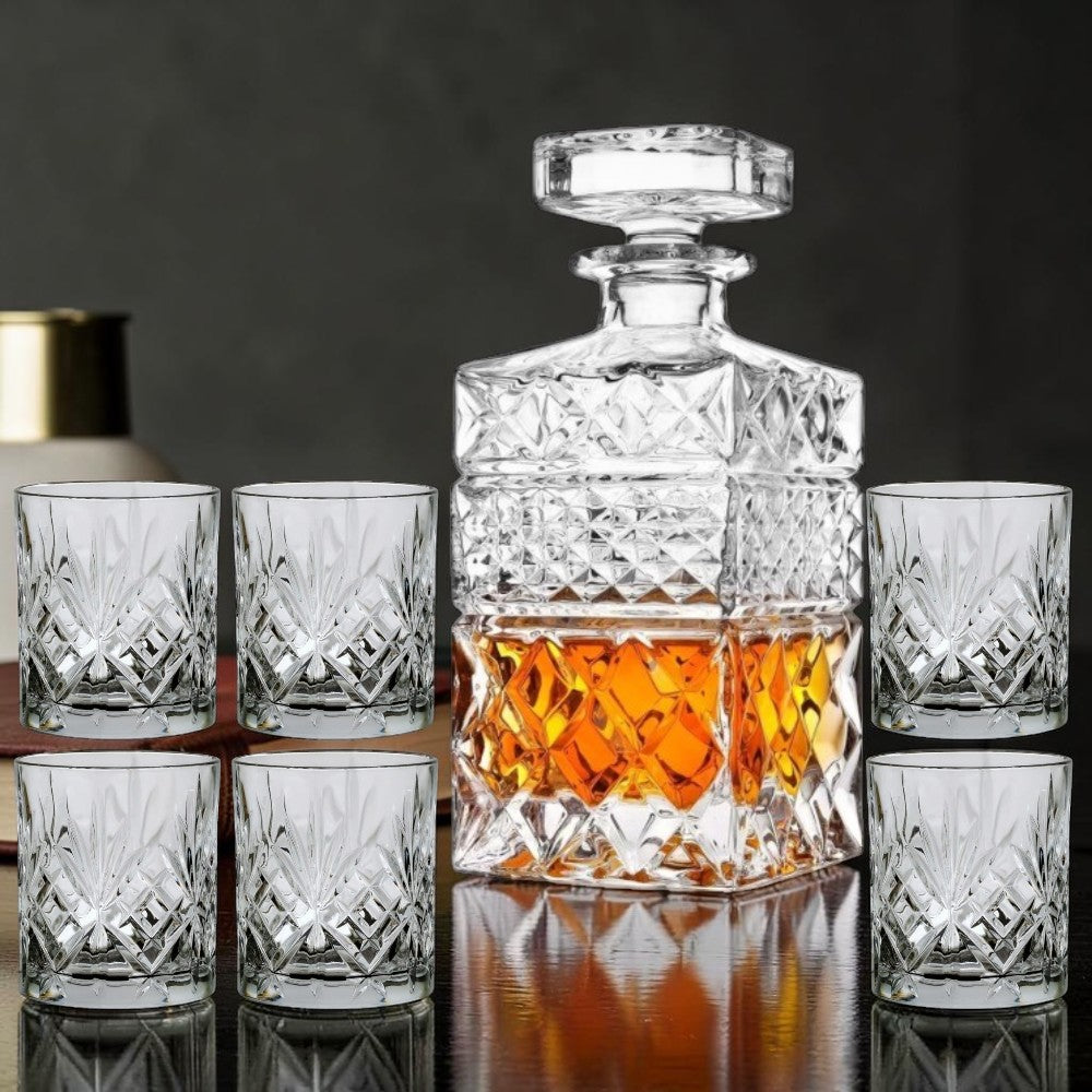 Set Decantor 1L + 6 pahare whiskey , sticla