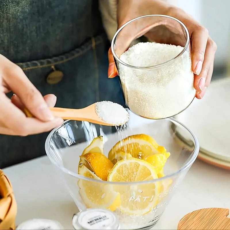 Set 3 recipiente pentru Condimente din Sticla cu suport de Bambus, cu Lingurite