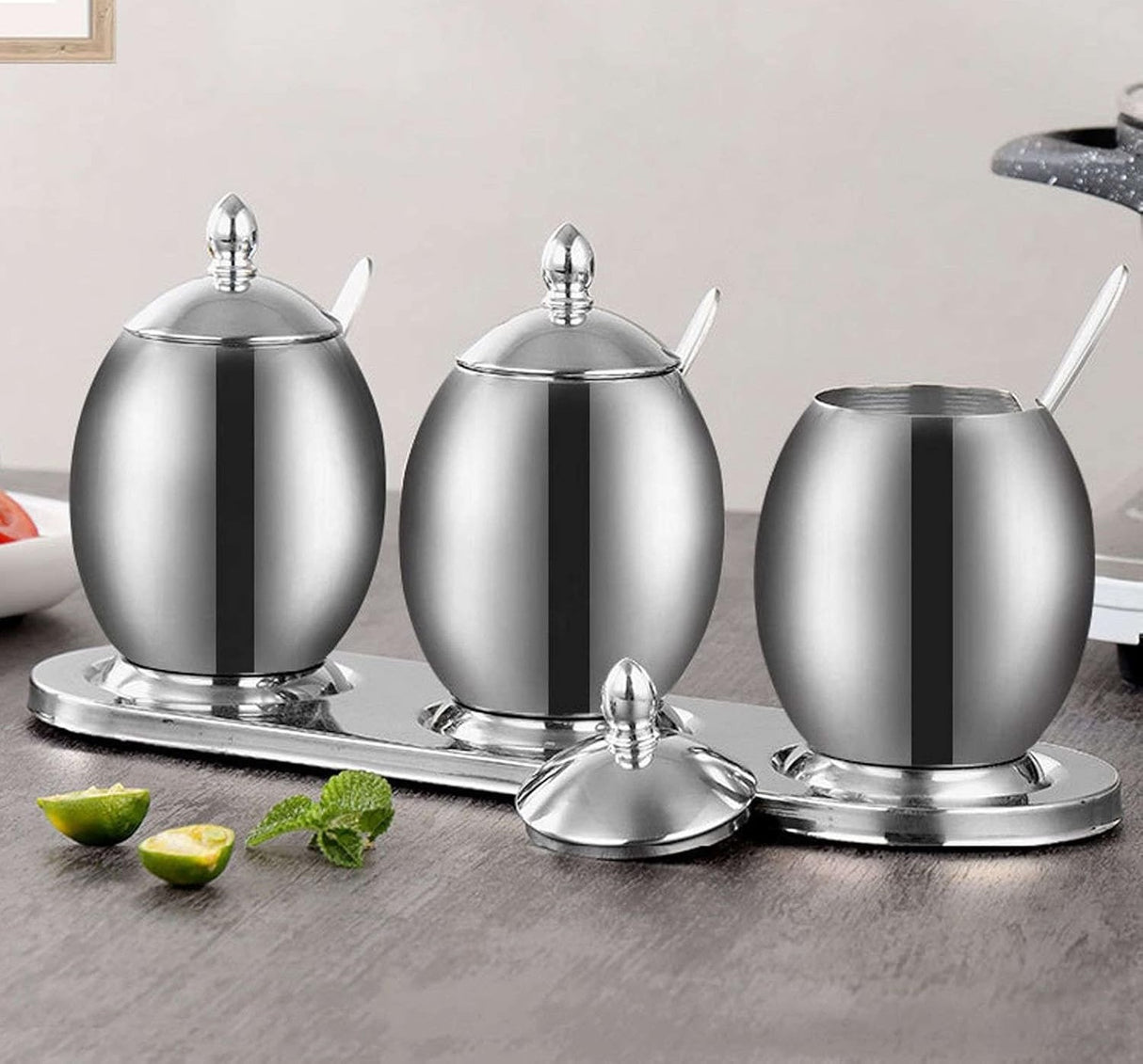 Set 3 recipiente condimente pe suport cu lingurite, Inox