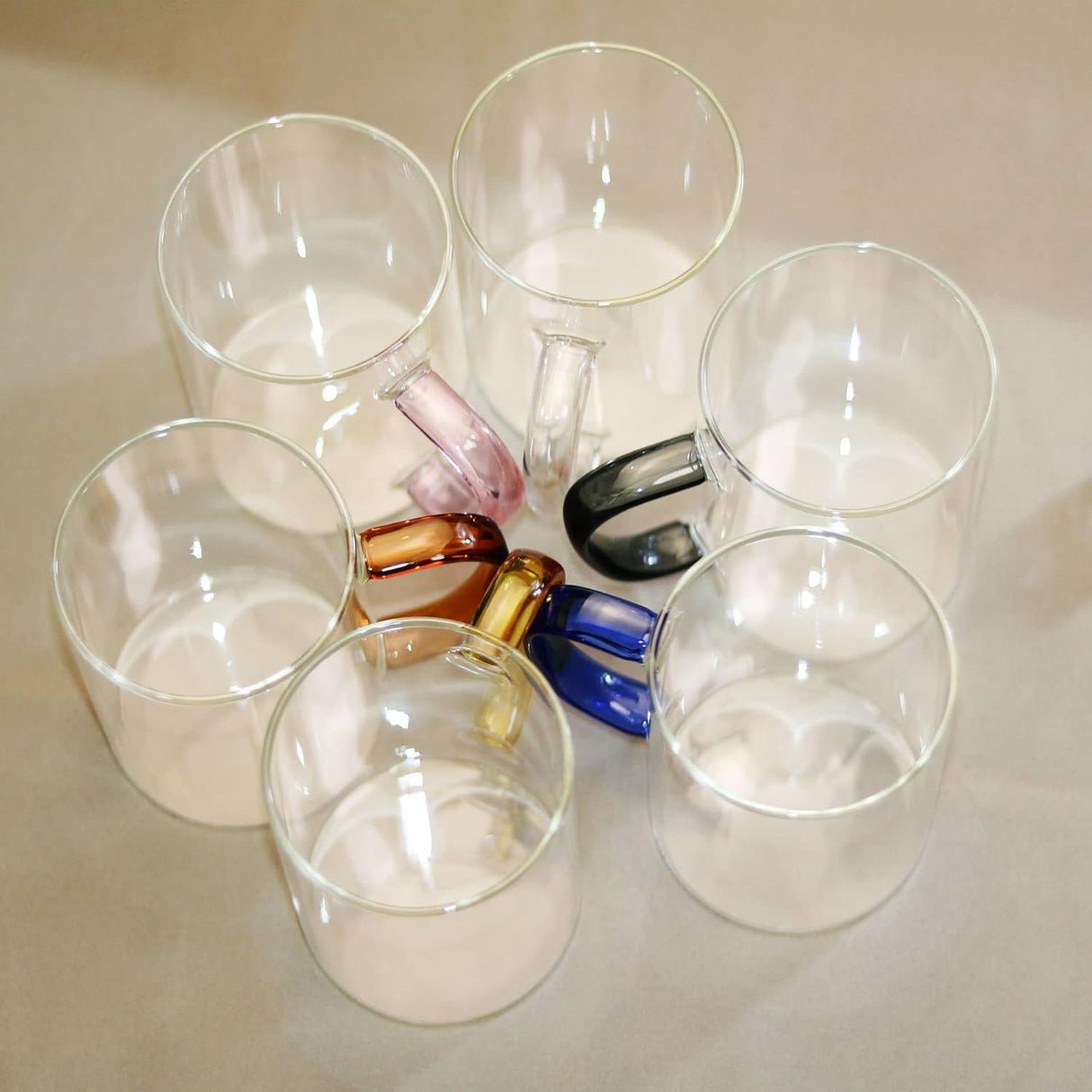 Set 6 cani din sticla brosilicata , maner color, 320 ml