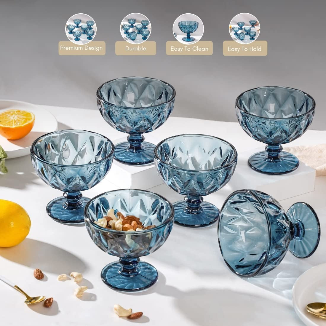 Set 6 cupe inghetata albastru-fumuriu , 300 ml