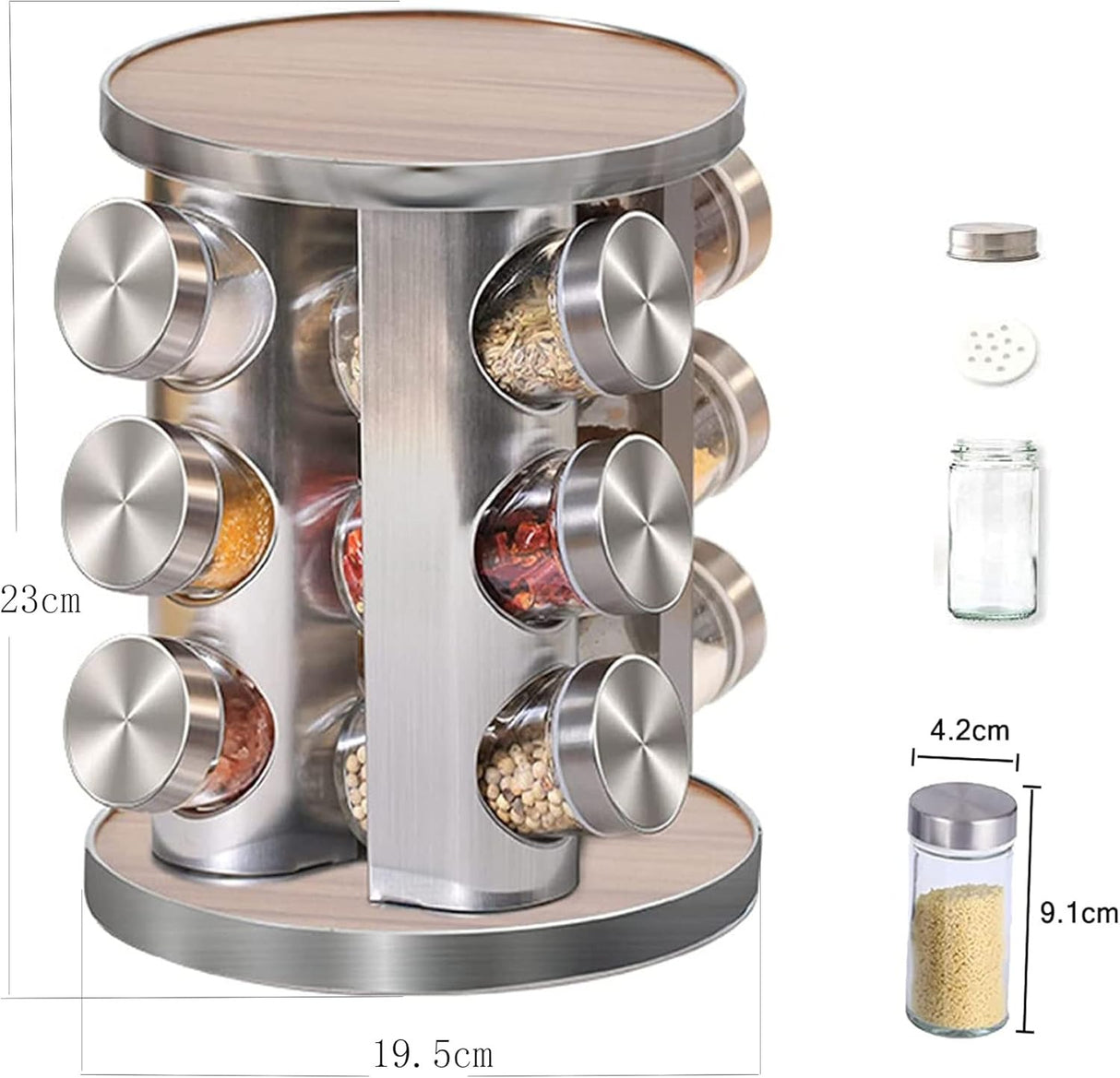 Set suport condimente rotativ si 12 recipiente, Gri/Maro , 23x19.5 cm